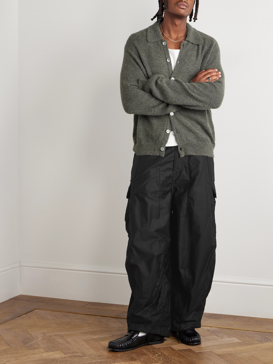 Needles H.d. Wide-leg Cotton-twill Drawstring Cargo Trousers In Black