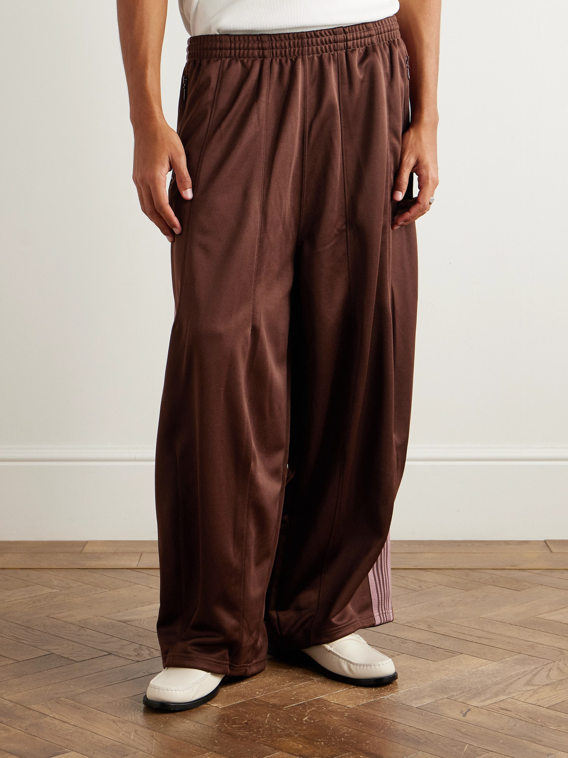 Needles Wide-leg Webbing-trimmed Logo-embroidered Jersey Track Pants In Brown