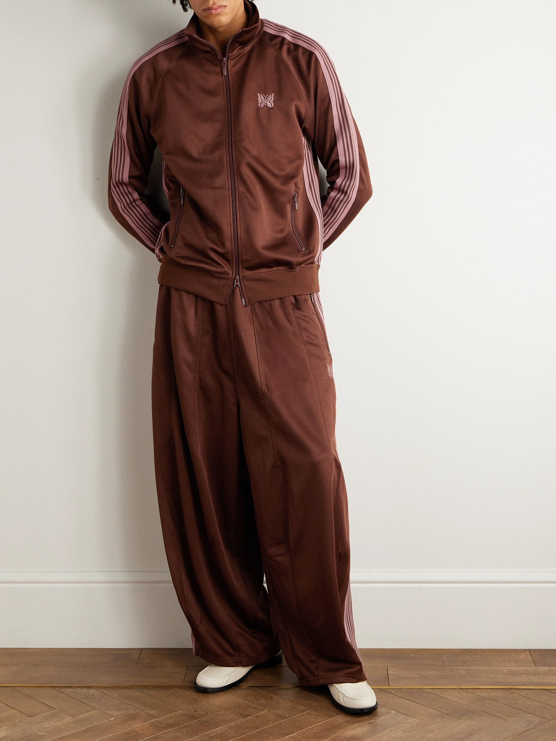 Needles Wide-leg Webbing-trimmed Logo-embroidered Jersey Track Pants In Brown