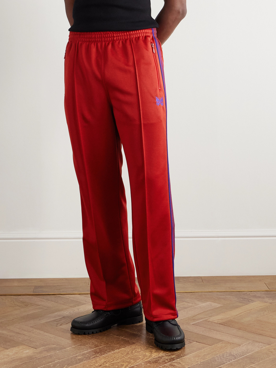 Needles Straight-leg Webbing-trimmed Logo-embroidered Jersey Track Pants In Red