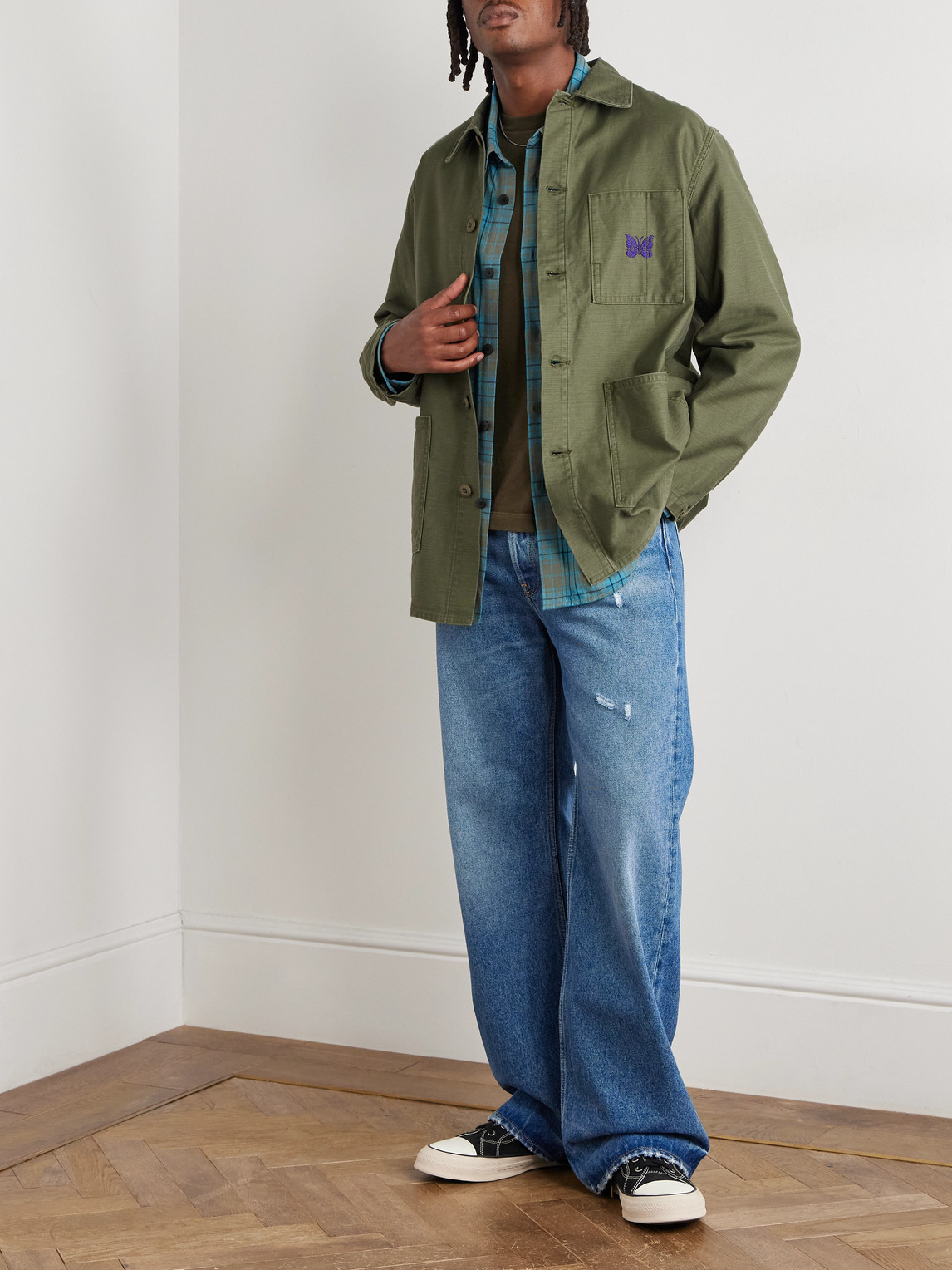 Needles Logo-embroidered Cotton-canvas Overshirt In Green