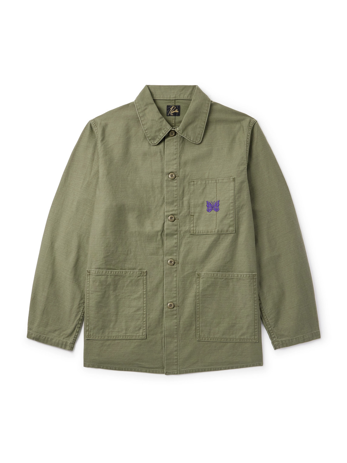 Needles Logo-embroidered Cotton-canvas Overshirt In Green