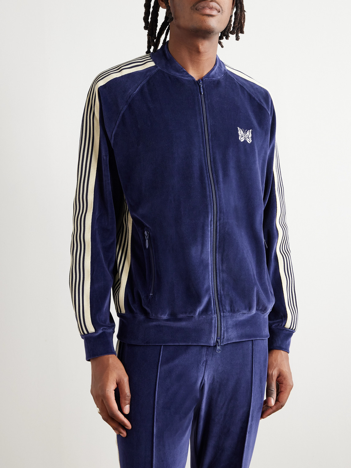 Needles Logo-embroidered Striped Cotton-blend Velour Track Jacket In Blue