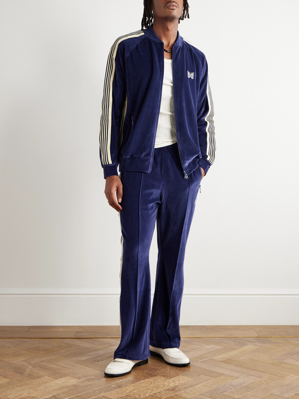 Needles Logo-embroidered Striped Cotton-blend Velour Track Jacket In Blue