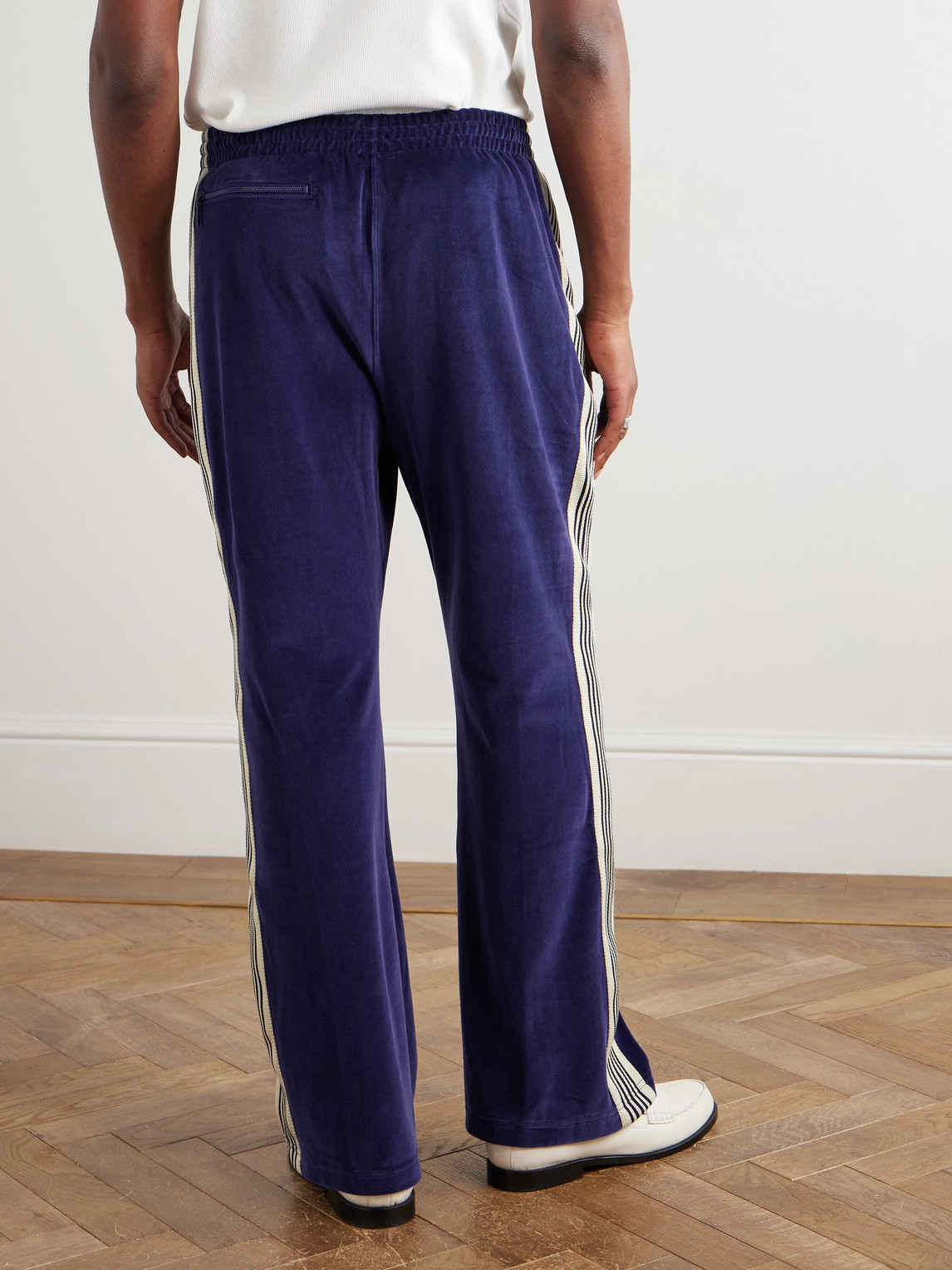 Needles Flared Webbing-trimmed Logo-embroidered Cotton-blend Velour Track Pants In Blue