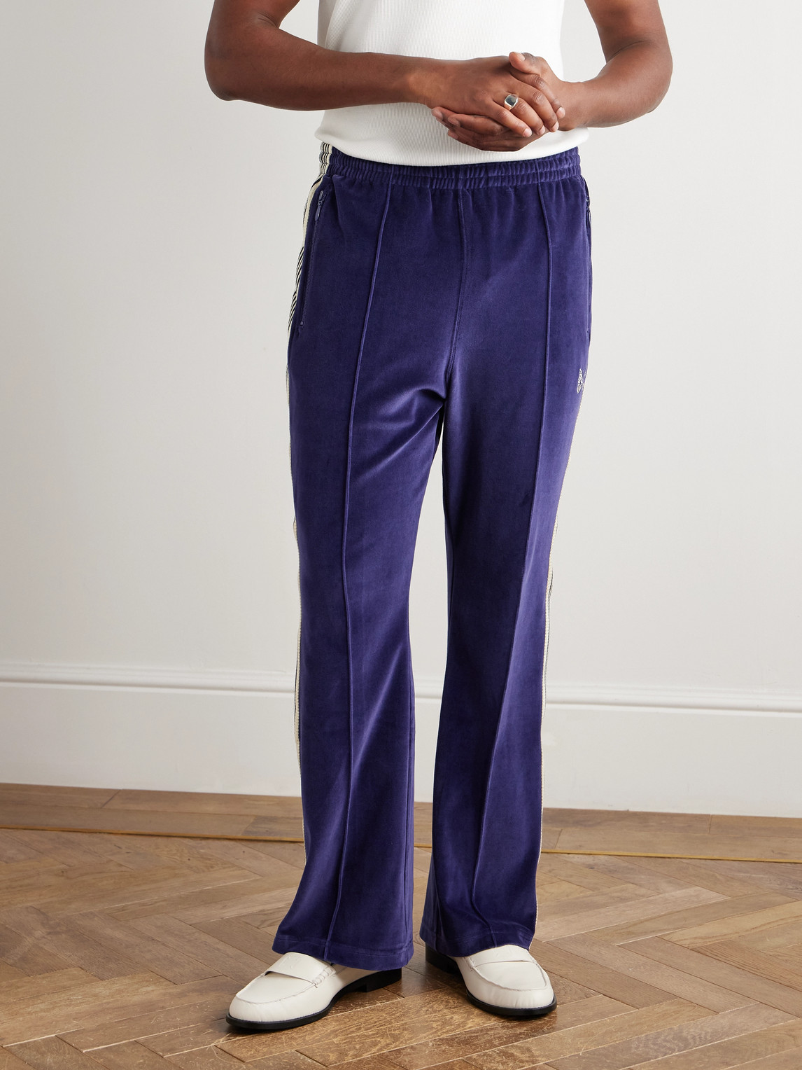 Needles Flared Webbing-trimmed Logo-embroidered Cotton-blend Velour Track Pants In Blue