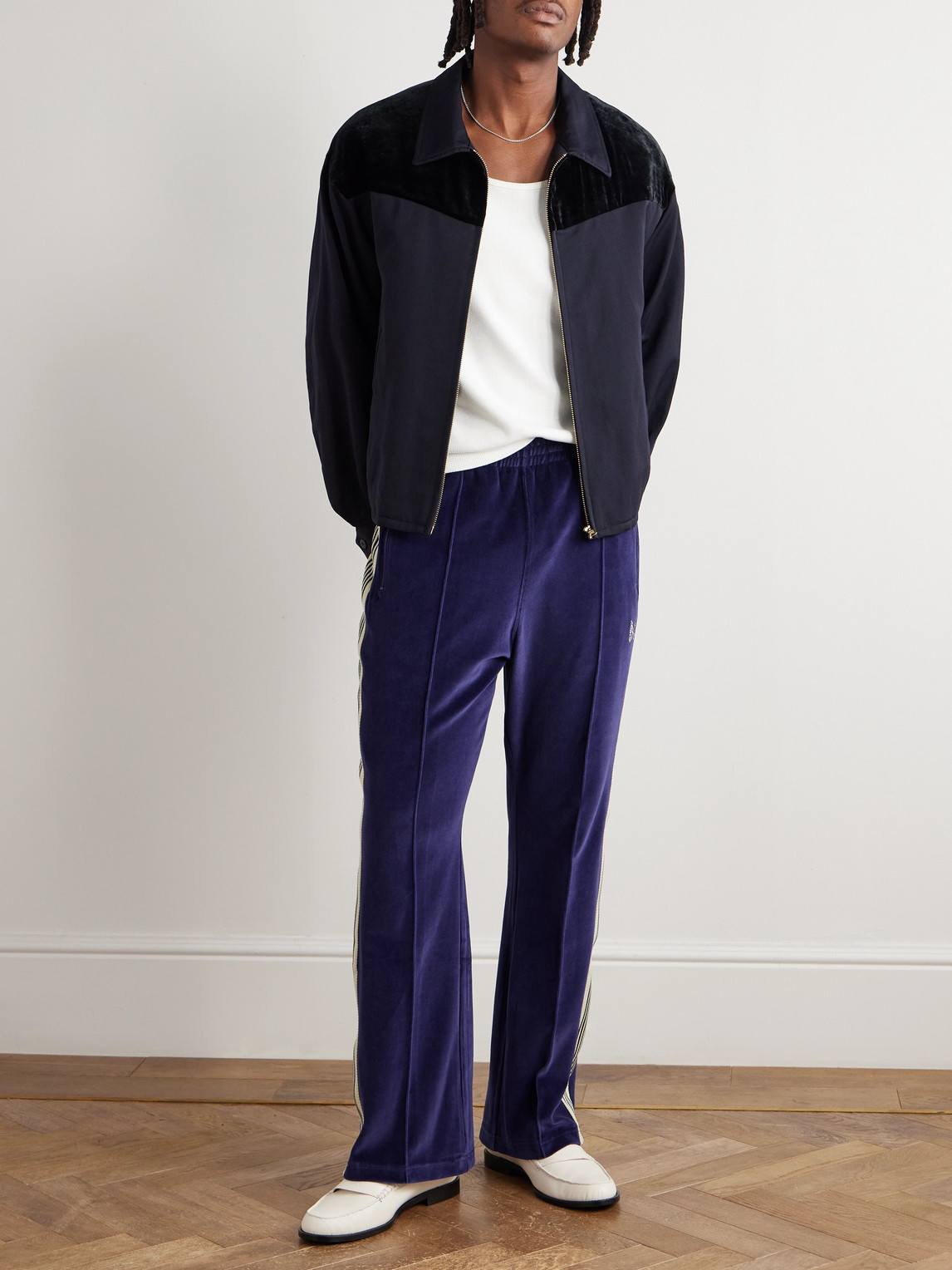Needles Flared Webbing-trimmed Logo-embroidered Cotton-blend Velour Track Pants In Blue