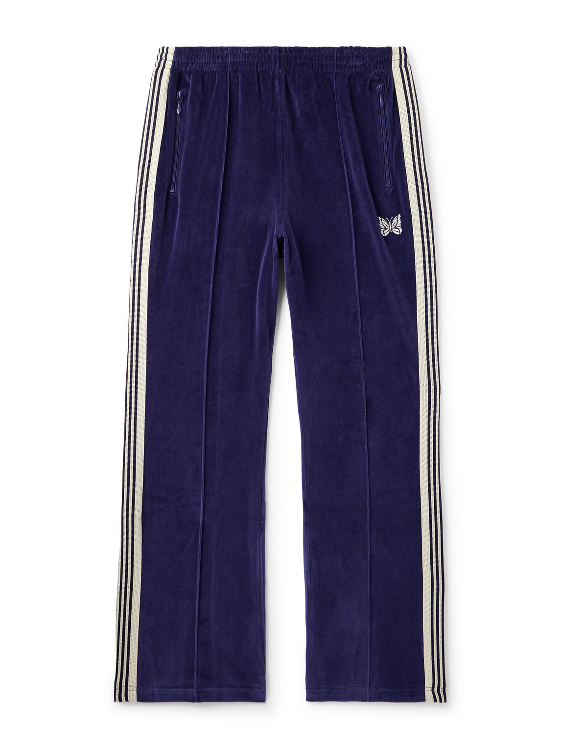 Needles Flared Webbing-trimmed Logo-embroidered Cotton-blend Velour Track Pants In Blue