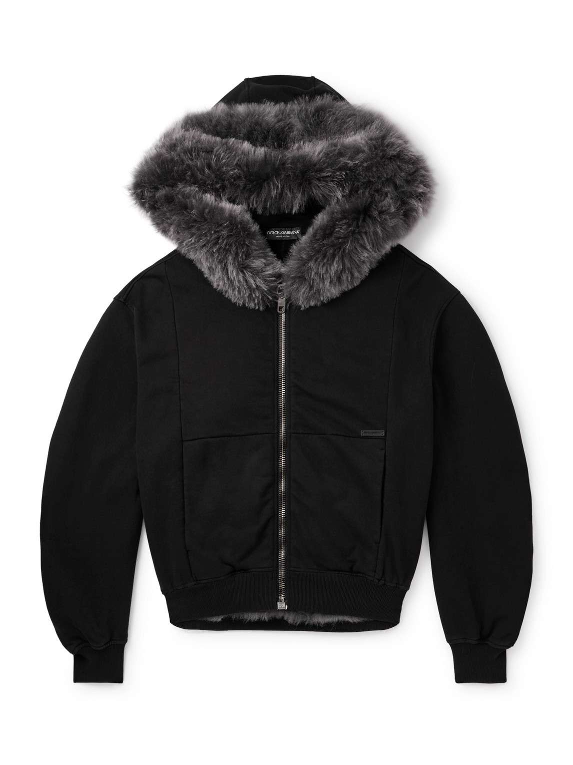 Dolce & Gabbana Shearling-trimmed Cotton-jersey Hooded Jacket In Black