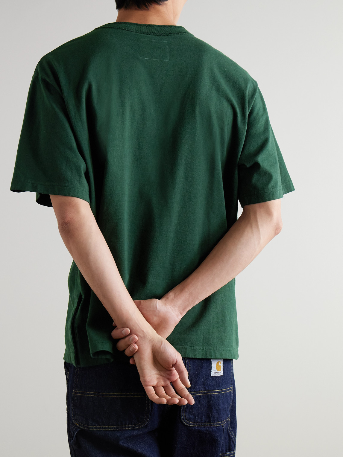 Sacai Carhartt Wip Logo-appliquéd Canvas-trimmed Cotton-jersey T-shirt In Green