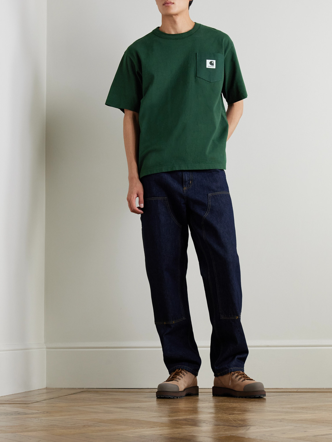 Sacai Carhartt Wip Logo-appliquéd Canvas-trimmed Cotton-jersey T-shirt In Green