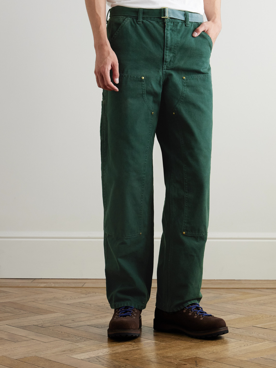 Sacai Carhartt Wip Straight-leg Belted Panelled Cotton-canvas Trousers In Green