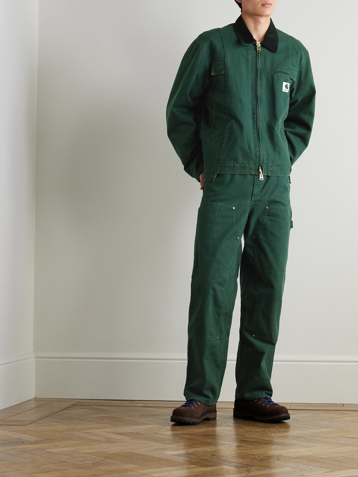Sacai Carhartt Wip Straight-leg Belted Panelled Cotton-canvas Trousers In Green