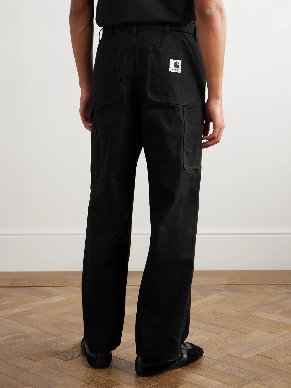 Sacai Carhartt Wip Straight-leg Belted Panelled Cotton-canvas Trousers In Black