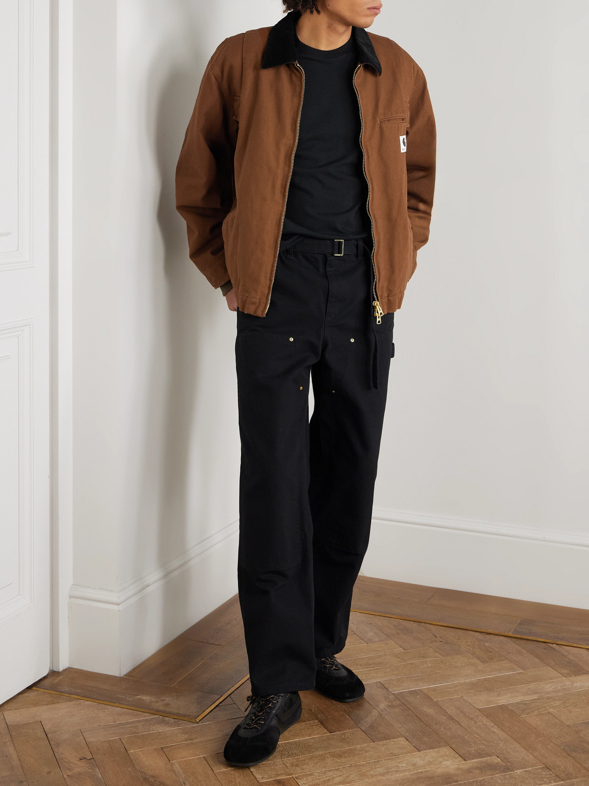 Sacai Carhartt Wip Straight-leg Belted Panelled Cotton-canvas Trousers In Black