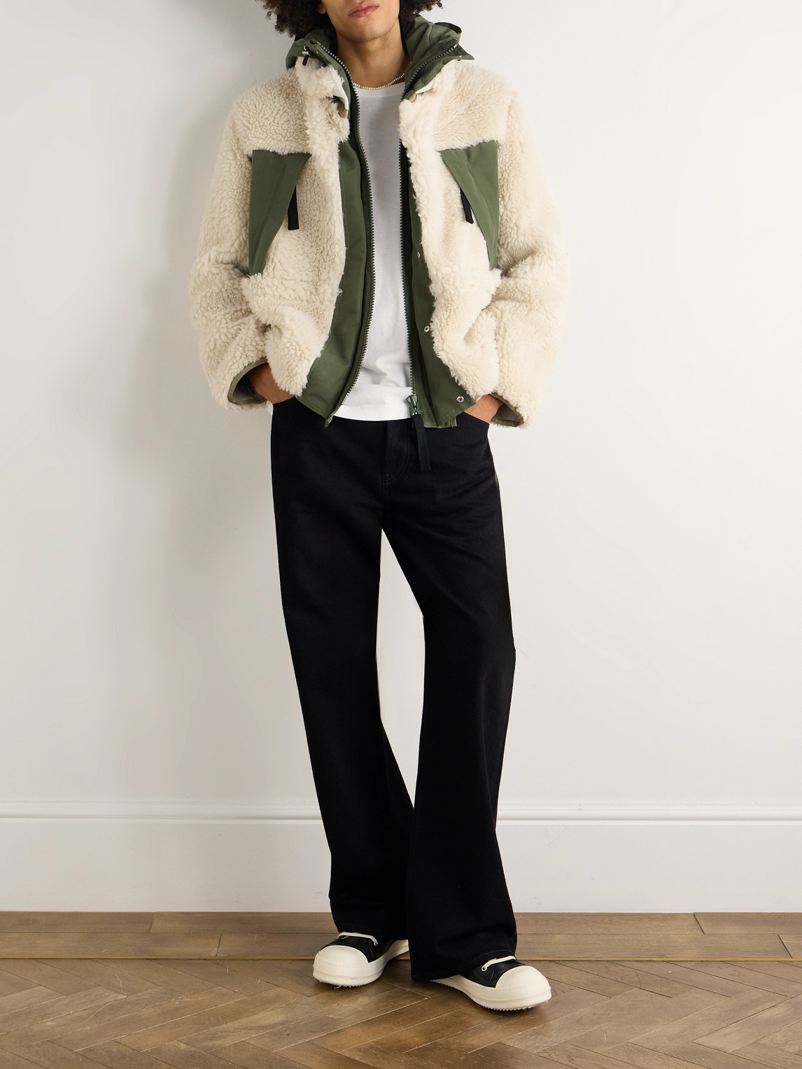 Sacai Shell-trimmed Wool-blend Fleece Hooded Coat In Multi