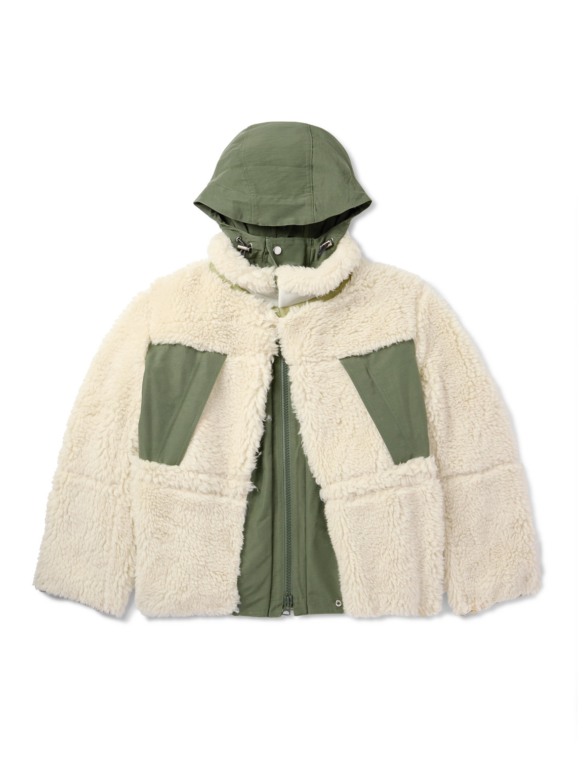 Sacai Shell-trimmed Wool-blend Fleece Hooded Coat In Multi
