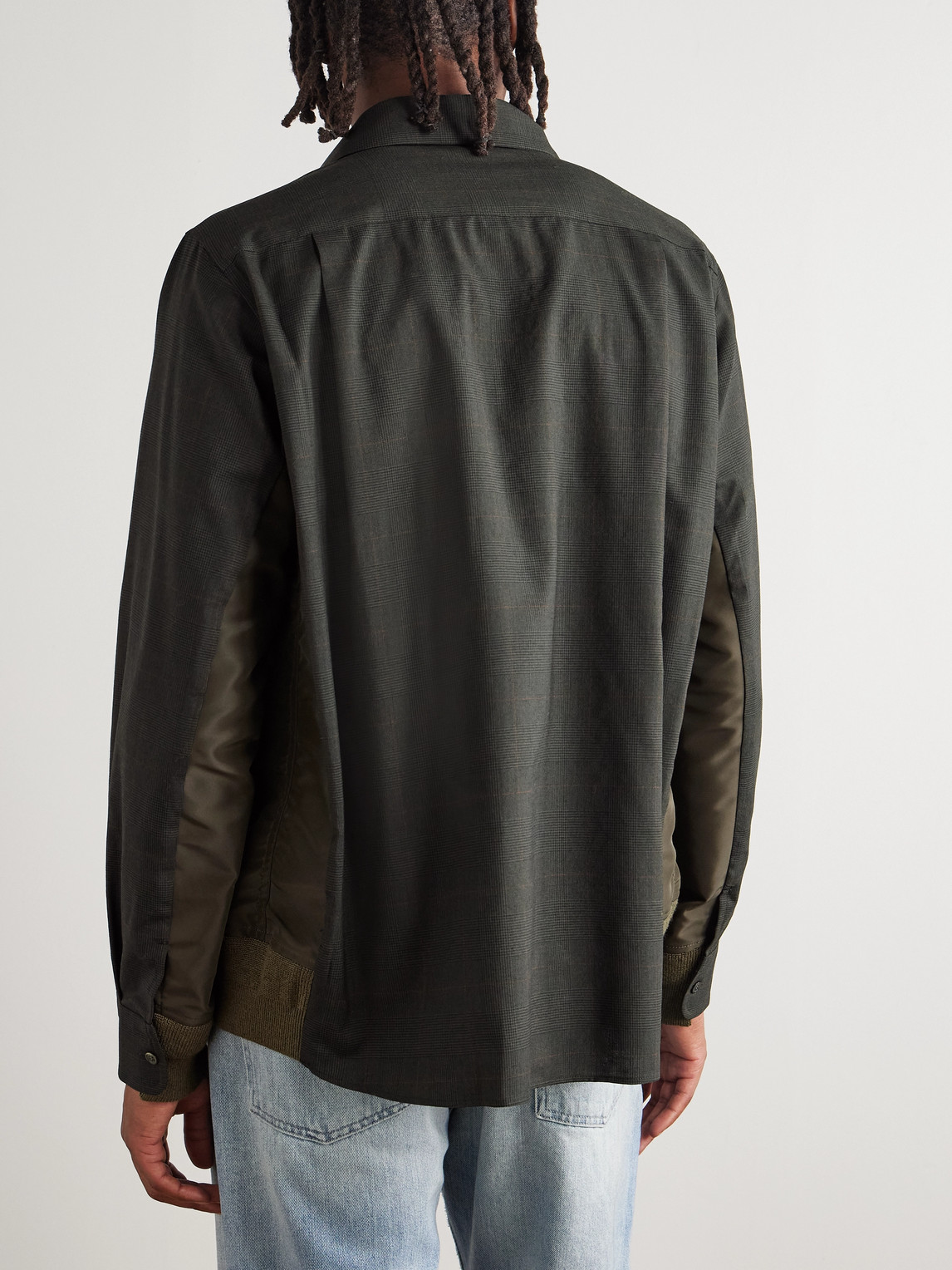 Sacai Shell-trimmed Prince Of Wales Checked Wool Shirt In Green