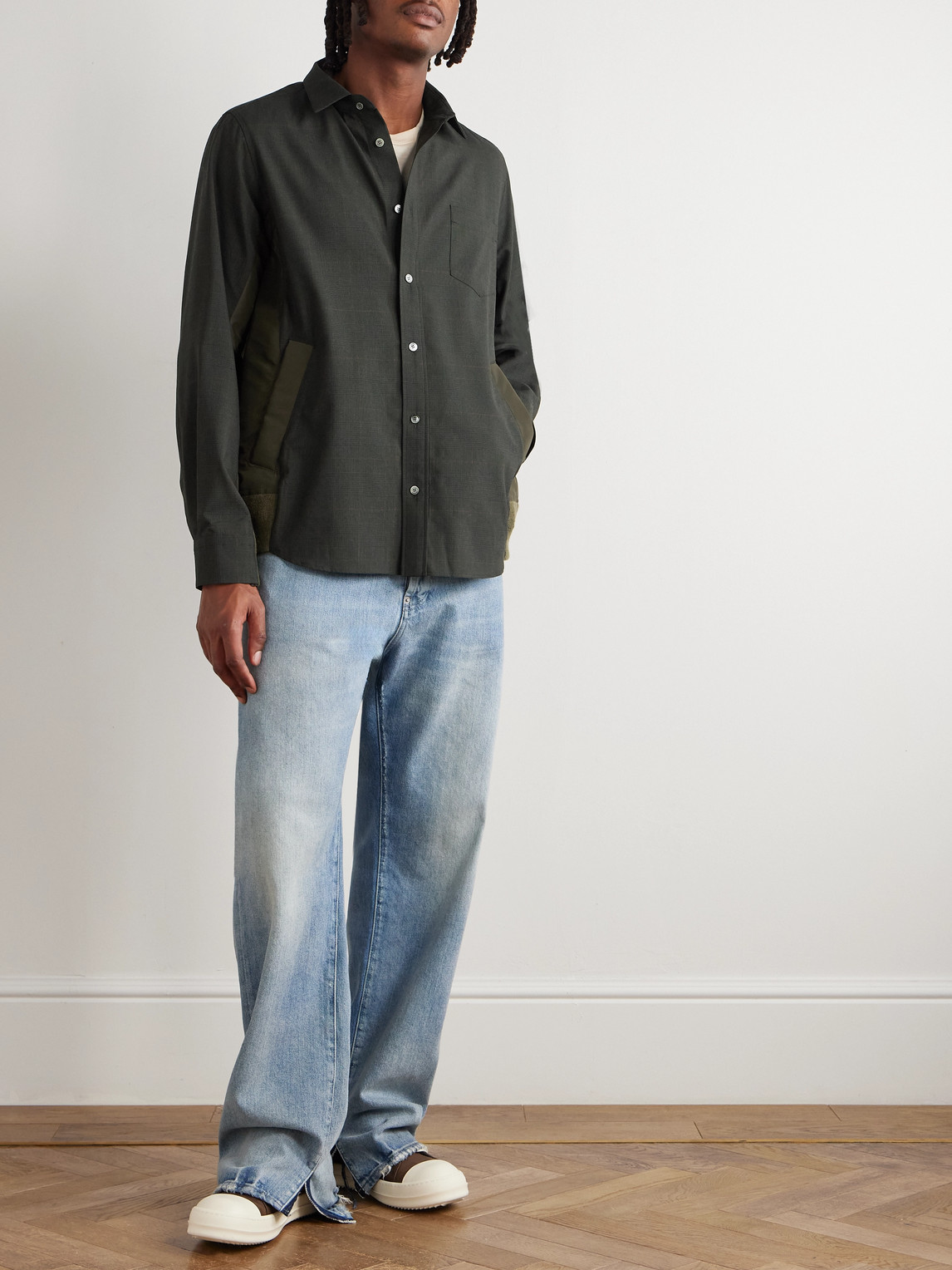 Sacai Shell-trimmed Prince Of Wales Checked Wool Shirt In Green