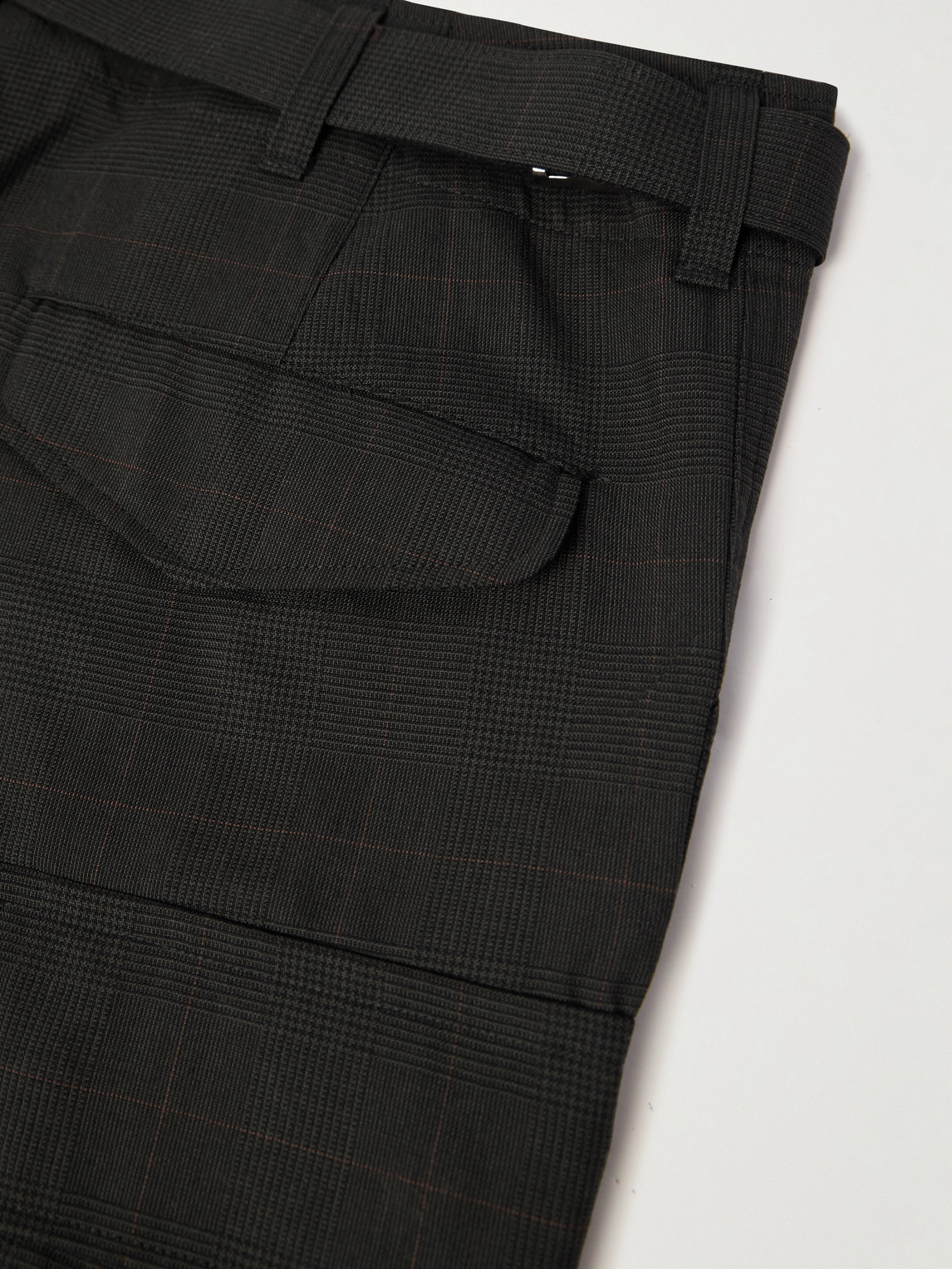 Sacai Straight-leg Belted Prince Of Wales Checked Wool Cargo Trousers In Black