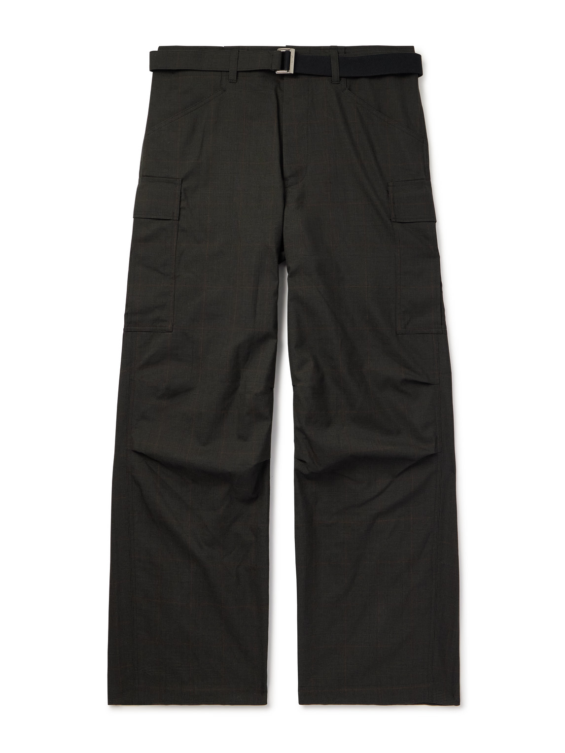 Sacai Straight-leg Belted Prince Of Wales Checked Wool Cargo Trousers In Brown