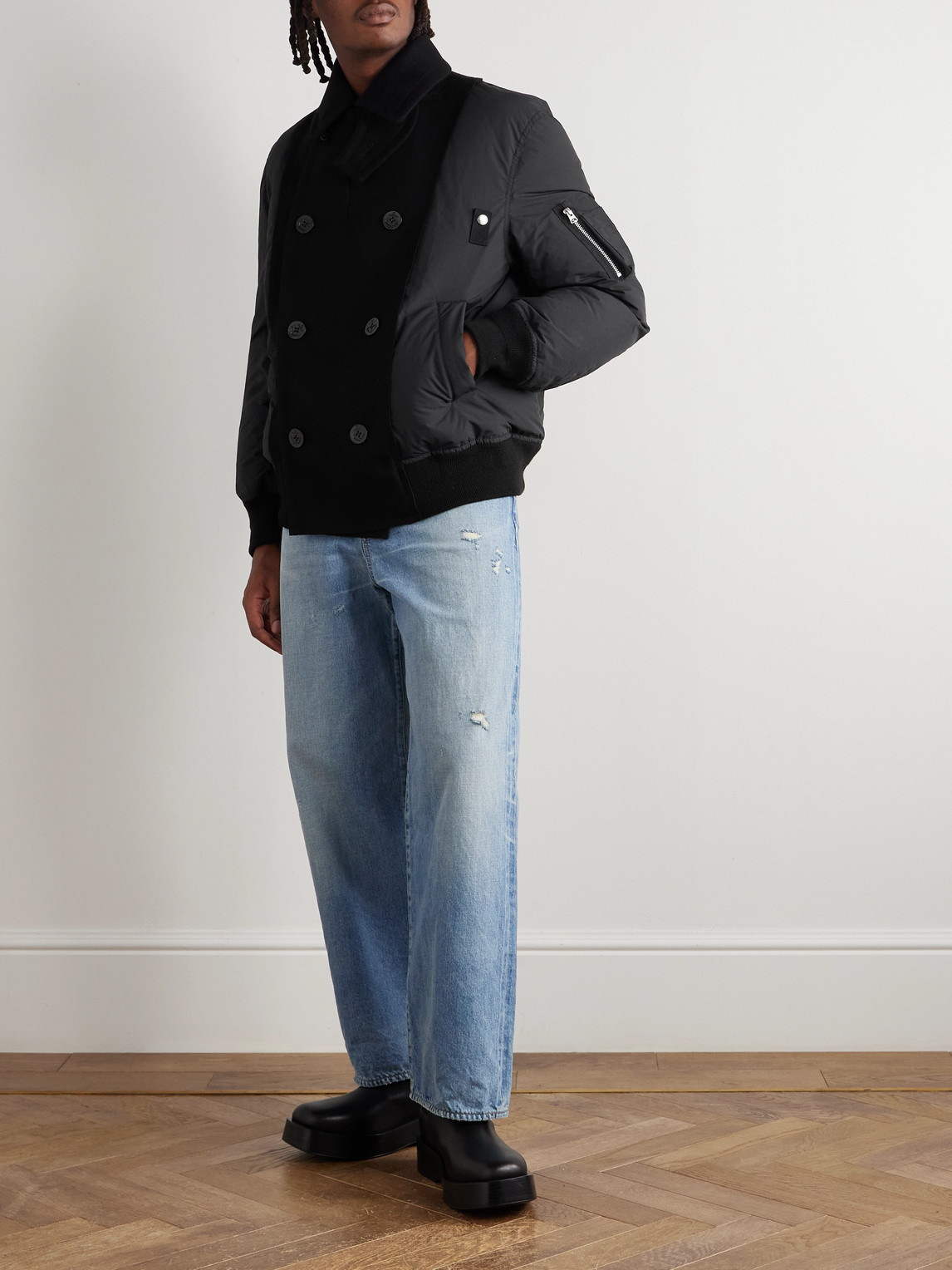 Sacai Double-breasted Wool And Ripstop Down Bomber Jacket In Black
