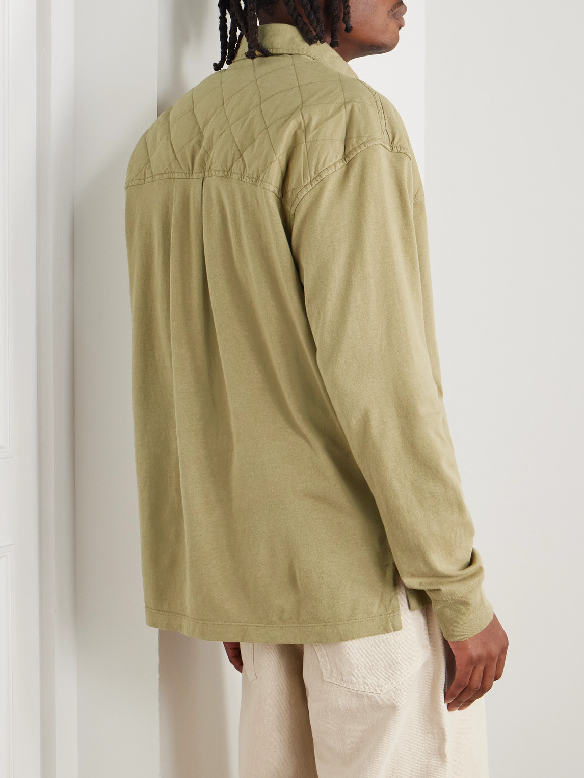 Isabel Marant Kian Logo-embroidered Quilted Poplin-panelled Cotton-jersey Polo Shirt In Green