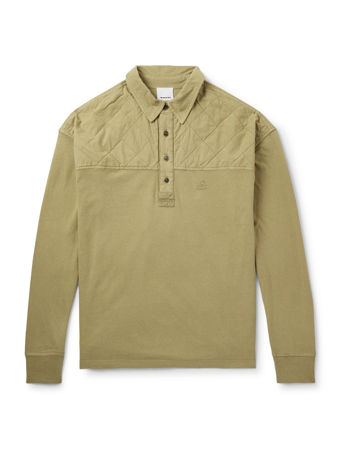 Isabel Marant Kian Logo-embroidered Quilted Poplin-panelled Cotton-jersey Polo Shirt In Green