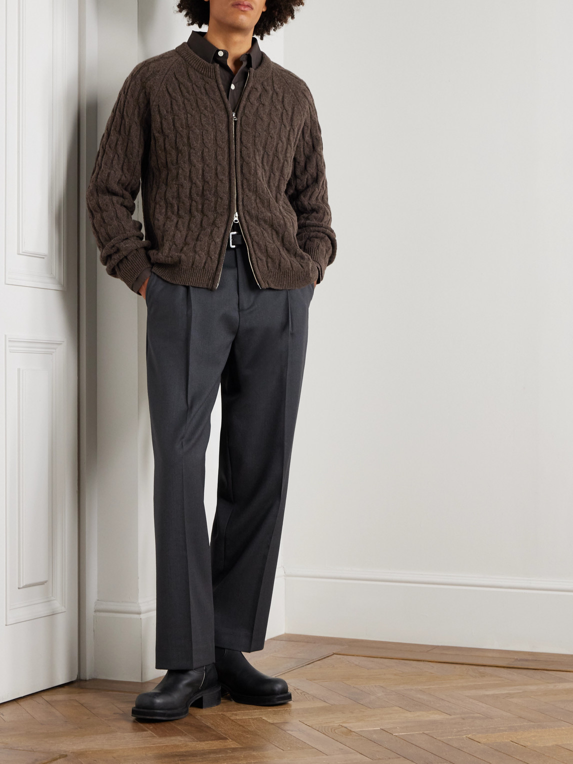 Mfpen Editor Cable-knit Wool Zip-up Cardigan In Brown