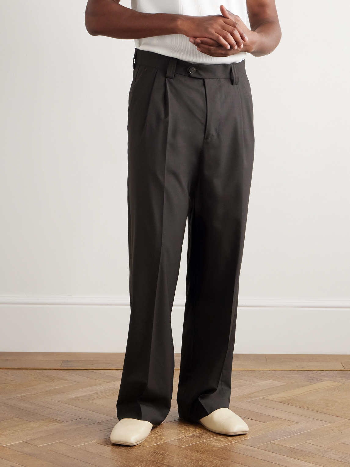 Mfpen Classic Wide-leg Pleated Wool-twill Trousers In Black