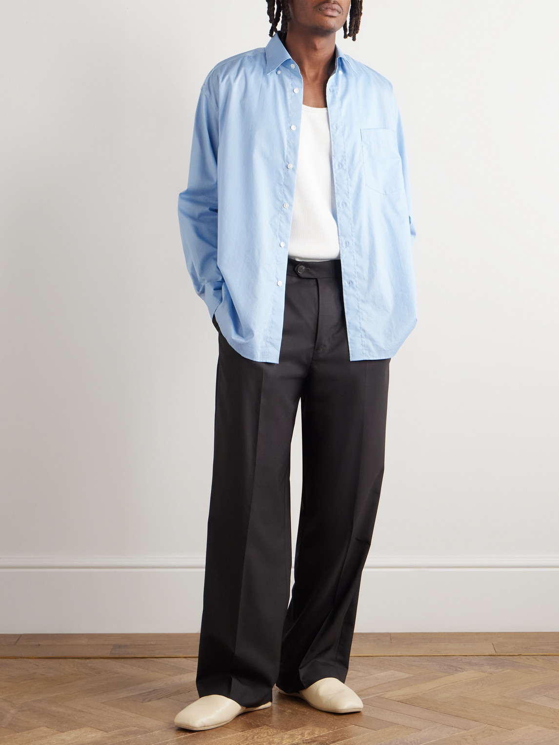 Mfpen Classic Wide-leg Pleated Wool-twill Trousers In Black