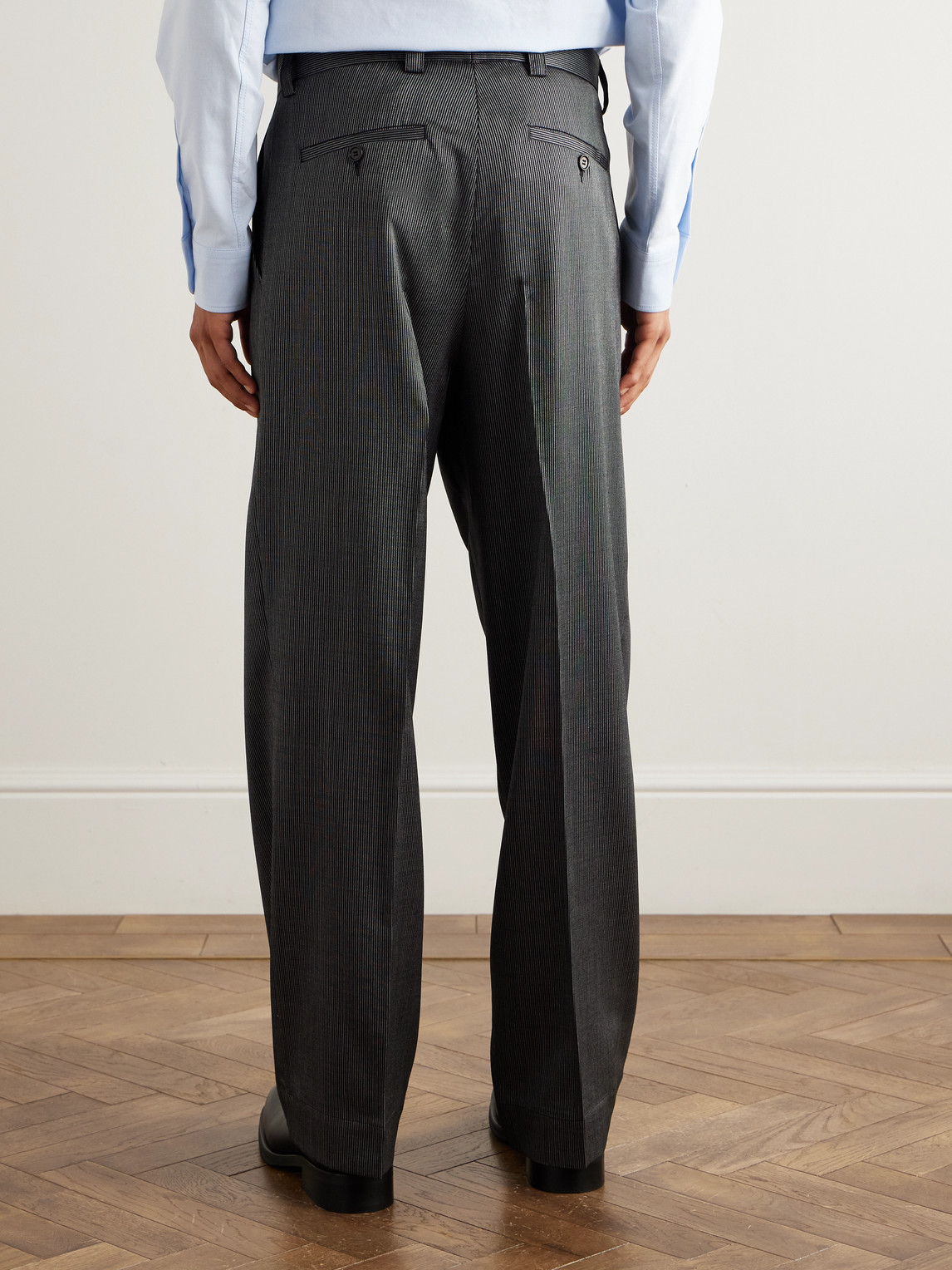 Mfpen Straight-leg Pleated Striped Wool And Silk-blend Trousers In Gray