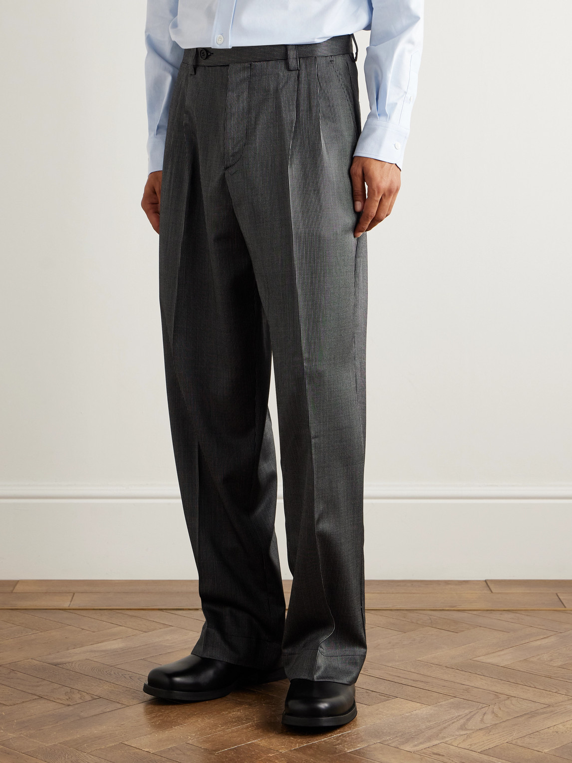 Mfpen Straight-leg Pleated Striped Wool And Silk-blend Trousers In Gray