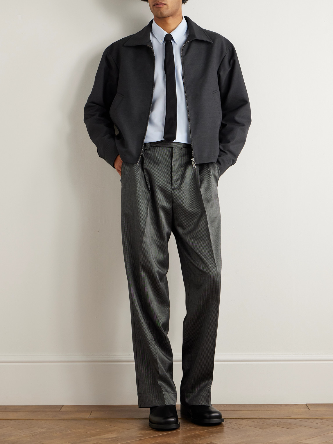 Mfpen Straight-leg Pleated Striped Wool And Silk-blend Trousers In Gray