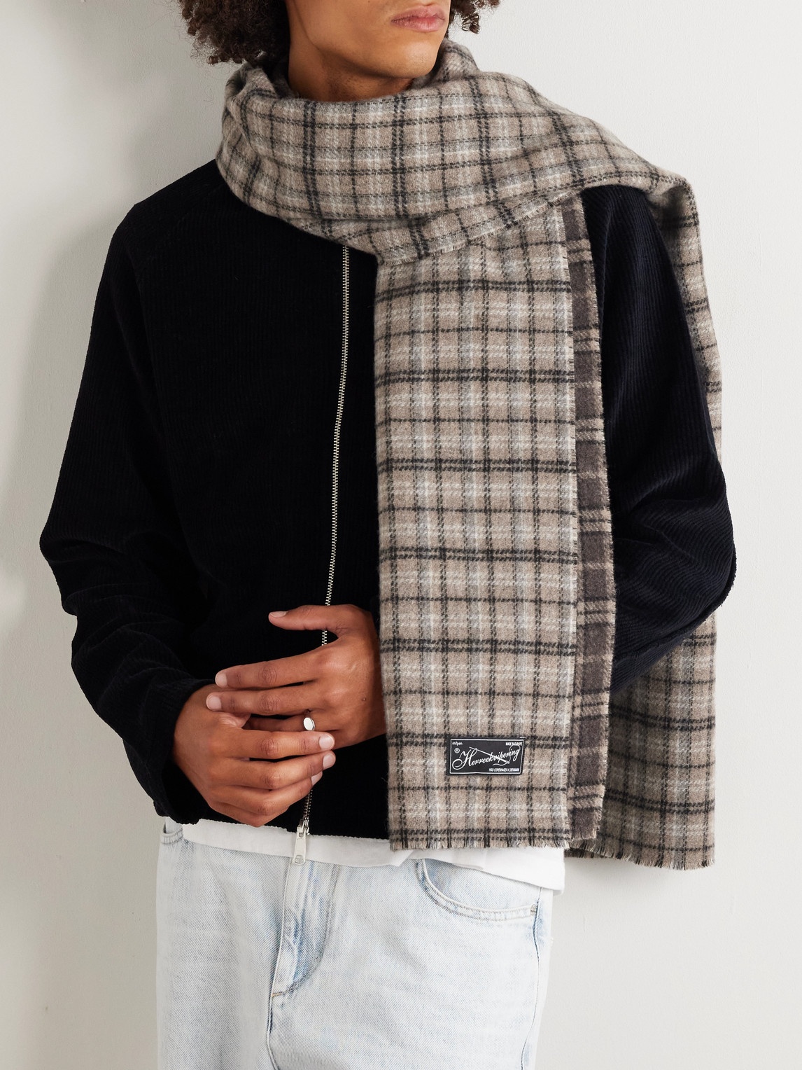 Mfpen Appliquéd Checked Double-faced Wool-blend Scarf In Brown