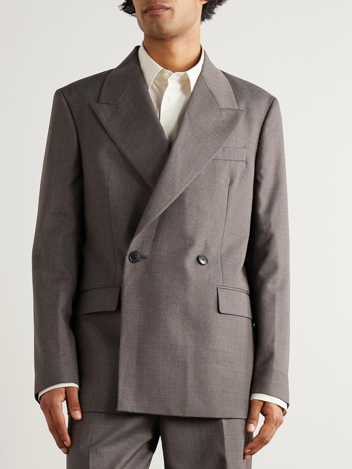 Mfpen Double-breasted Wool-twill Suit Jacket In Gray