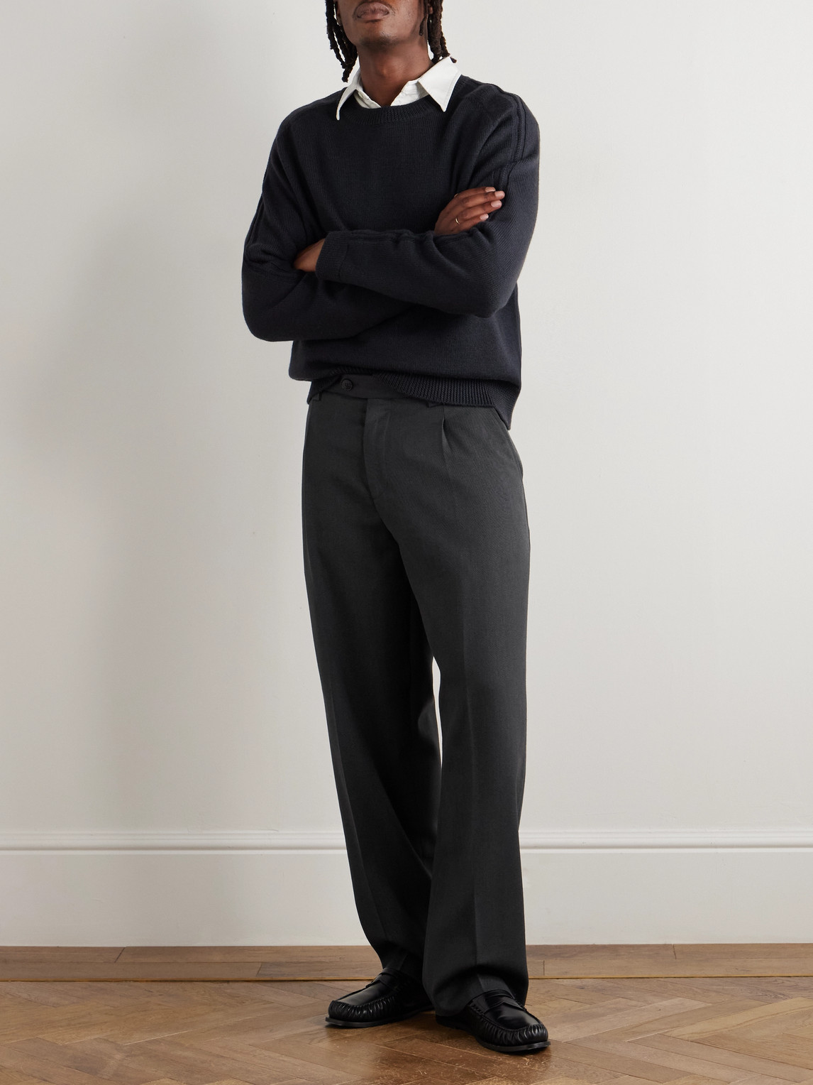 Mfpen Service Wide-leg Pleated Virgin Wool-twill Trousers In Gray