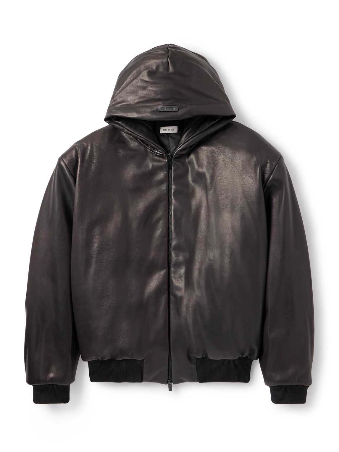 Fear Of God Padded Leather Hooded Bomber Jacket In Black