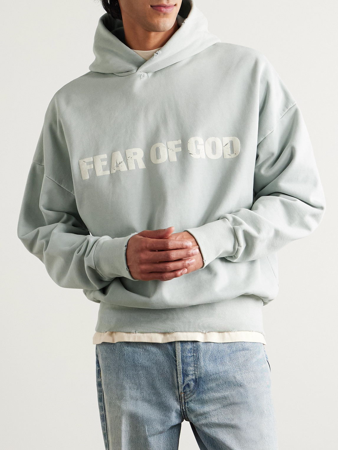 Fear Of God Heaven Distressed Logo-print Cotton-jersey Hoodie In Gray