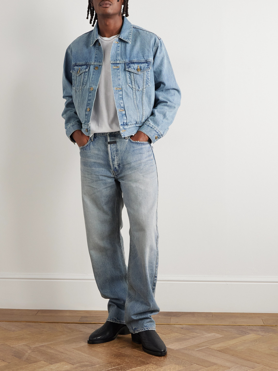 Fear Of God Light Indigo Blue Cotton Trucker Jacket With Overwashed Effect In Blue