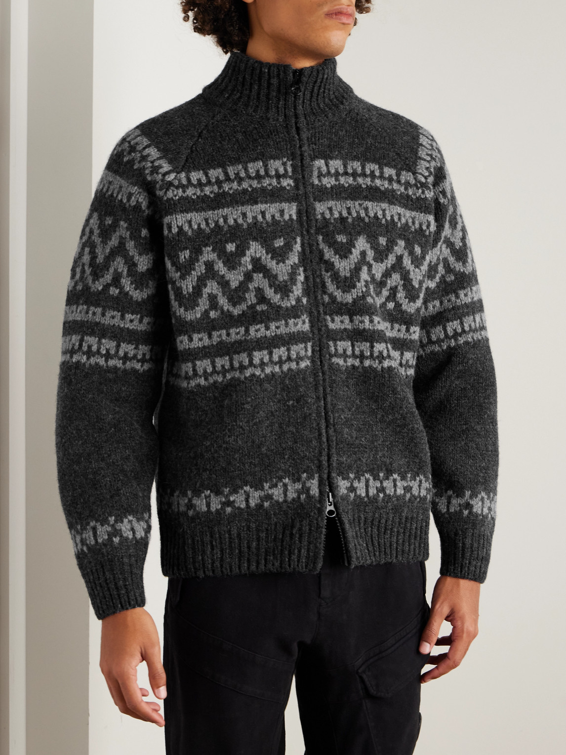 C.p. Company Graphic Patterned Wool Cardigan With High Collar In Black