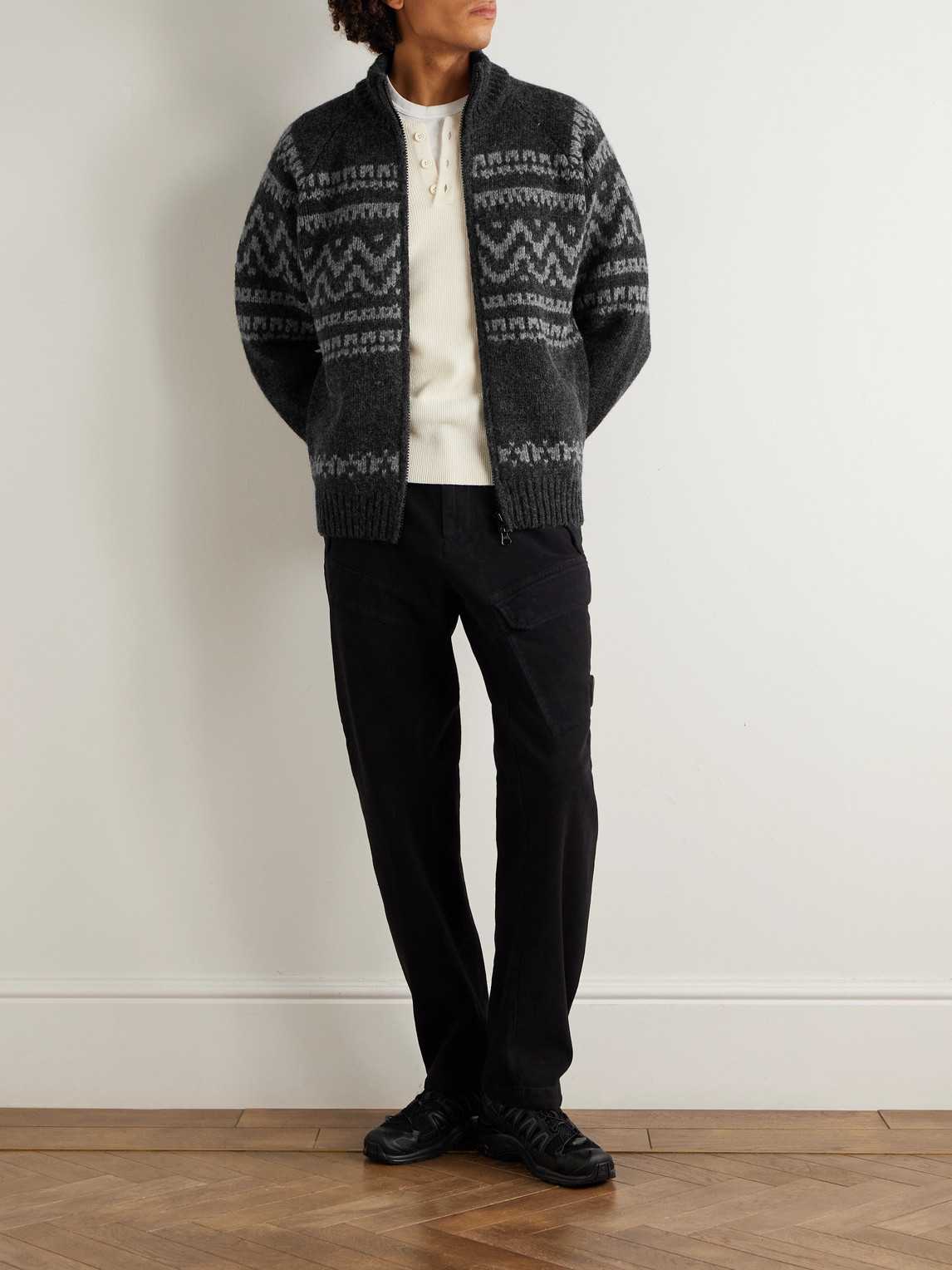 C.p. Company Graphic Patterned Wool Cardigan With High Collar In Black