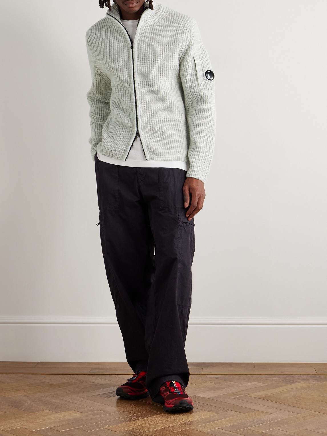 C.p. Company Logo-appliquéd Waffle-knit Wool-blend Zip-up Sweatshirt In Gray