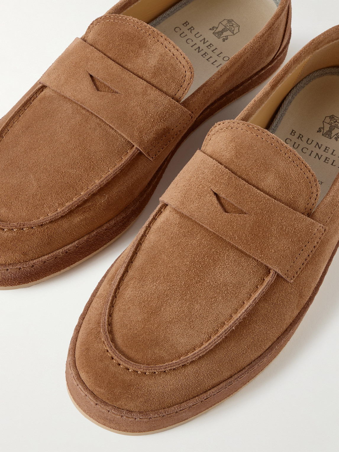 Brunello Cucinelli Washed-suede Penny Loafers In Brown