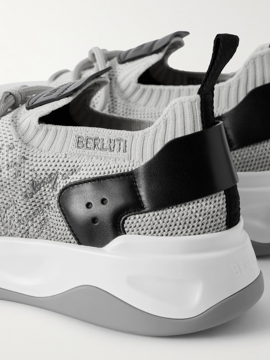 Berluti Shadow Leather-trimmed Stretch-knit Sneakers In Gray