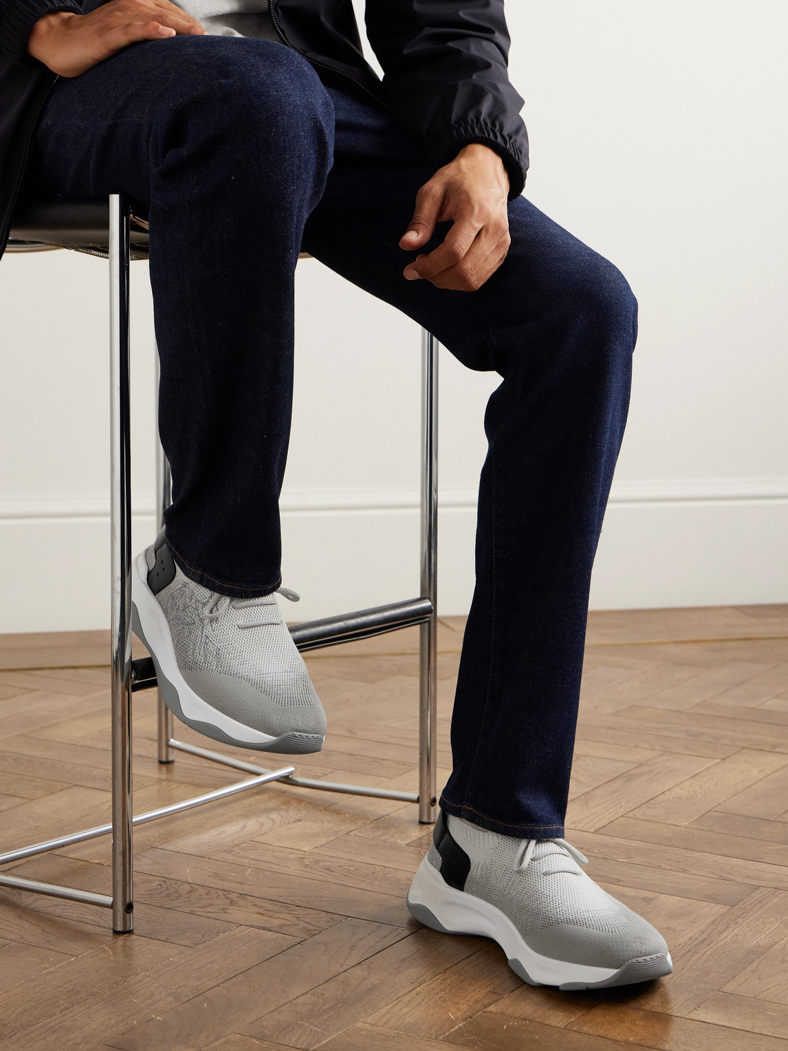 Berluti Shadow Leather-trimmed Stretch-knit Sneakers In Gray