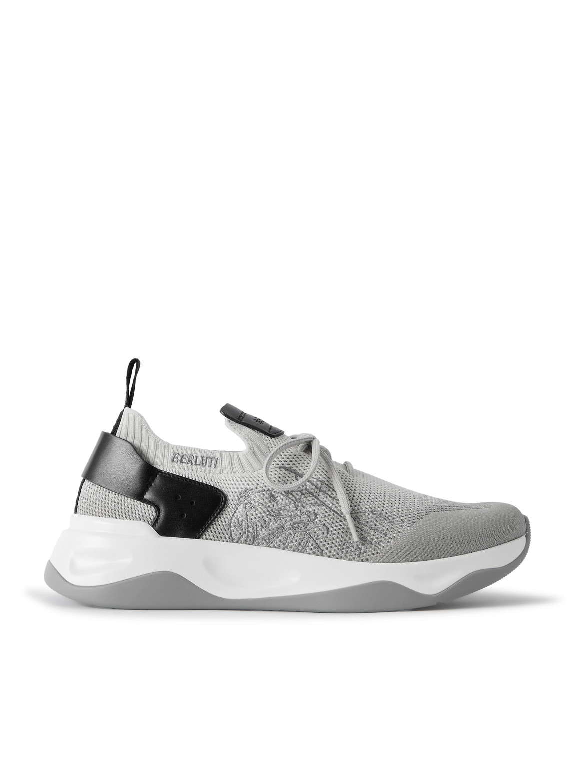 Berluti Shadow Leather-trimmed Stretch-knit Sneakers In Gray