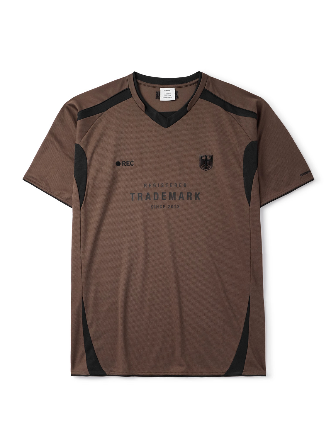 Vetements Printed Embroidered Panelled Cotton-mesh T-shirt In Brown