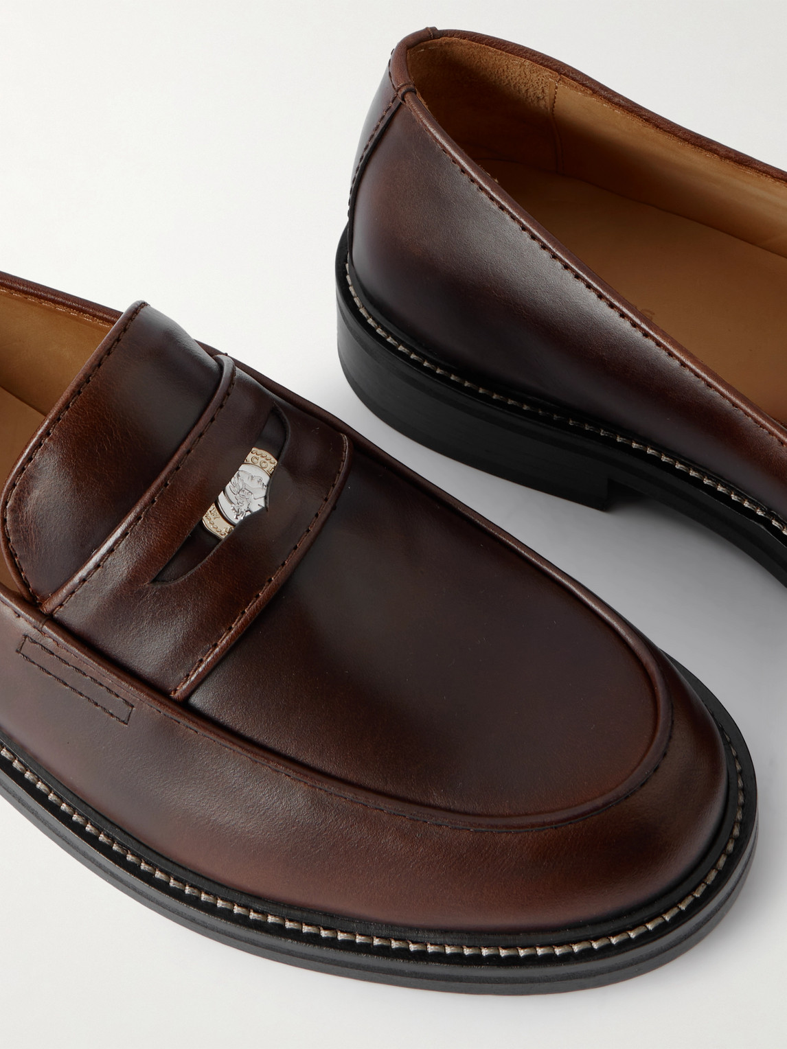 Apc Marc Jacobs Embellished Leather Penny Loafers In Brown