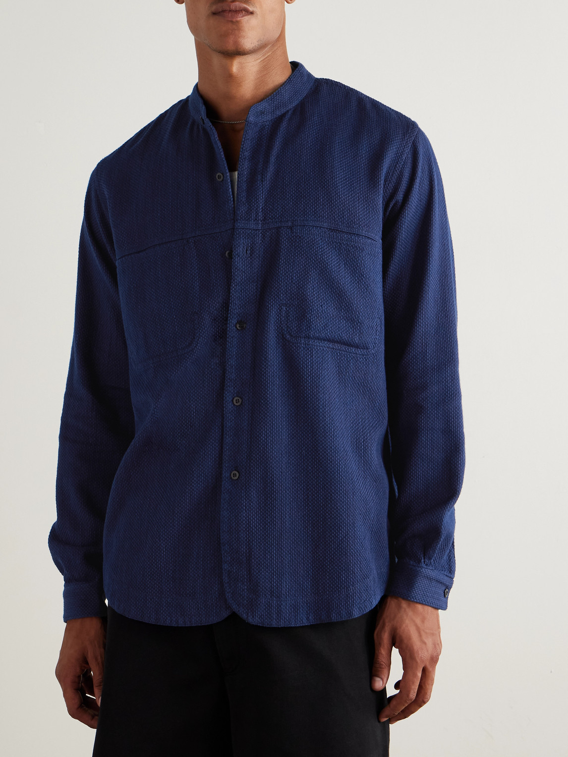Blue Blue Japan Grandad-collar Textured-cotton Shirt In Blue
